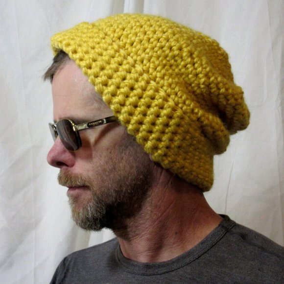 Gold Baggy Beanie Thick Chunky Roll Up Cap Women Men Hat Handmade Crochet Knit - Picture 1 of 7